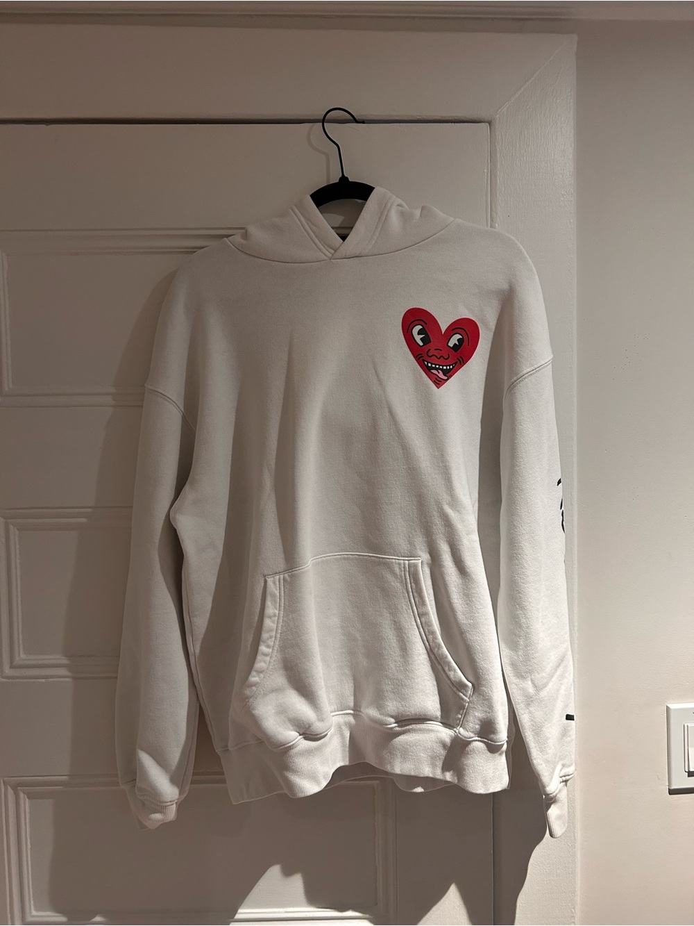 White Crewneck Hoodie with Red Heart Graphic